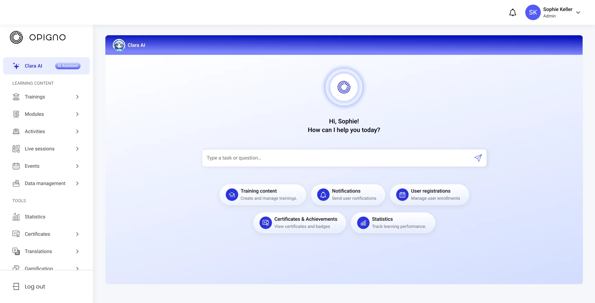 Opigno Enterprise interface: home screen of the Clara AI coach
